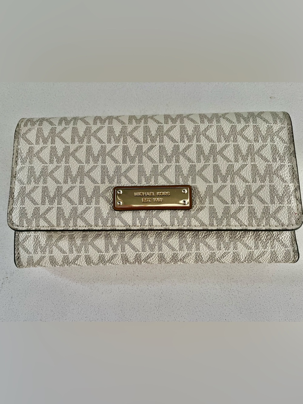 Michael Kors Cream Logo Continental Wallet with Gold Plate